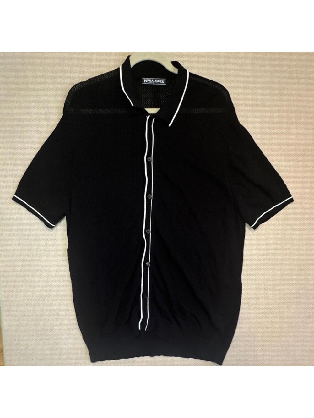 PJ PAUL JONES Black Knit Short Sleeve Button-Up Shirt Contrast Trim L